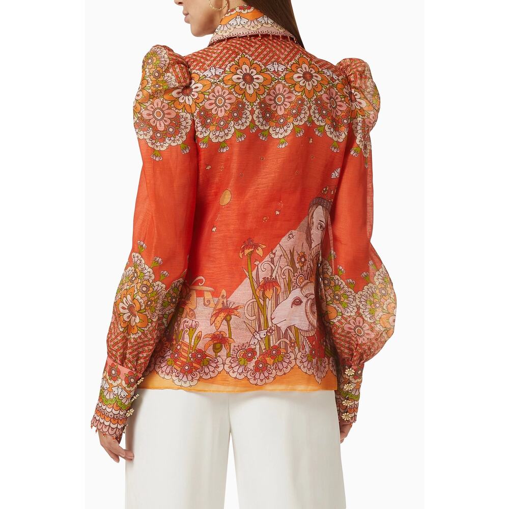 Zimmermann Kaleidoscope Zodiac Aries Top Shirt Red Orange Floral Linen Silk 0P - Picture 3 of 10